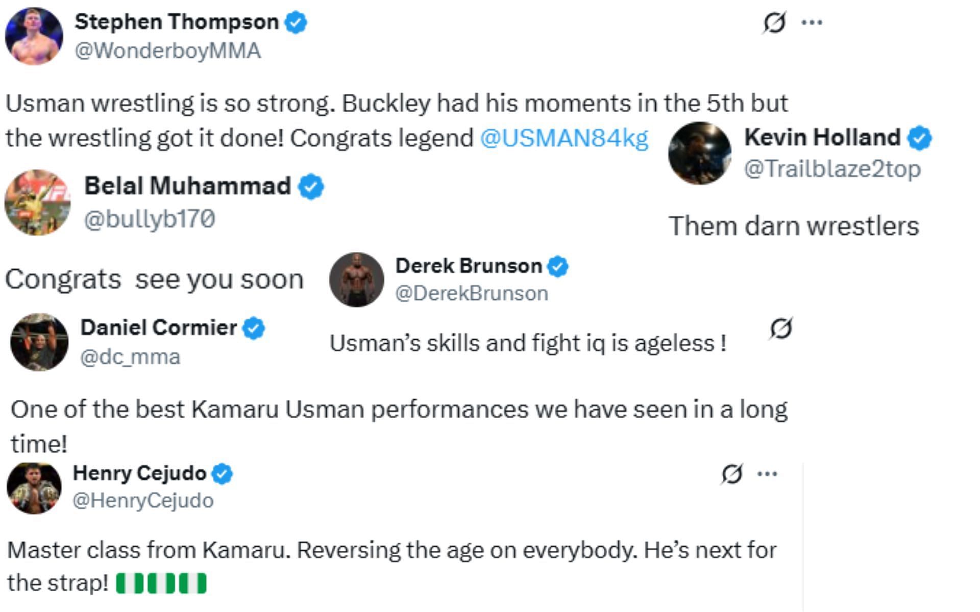 Screenshots of fighters' reactions to Kamaru Usman beating Joaquin Buckley at UFC Atlanta